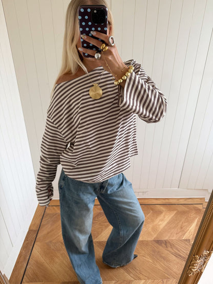 Scandivv blouse with stripes – taupe/white