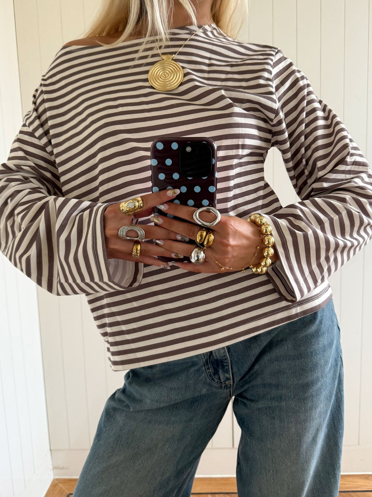 Scandivv blouse with stripes – taupe/white