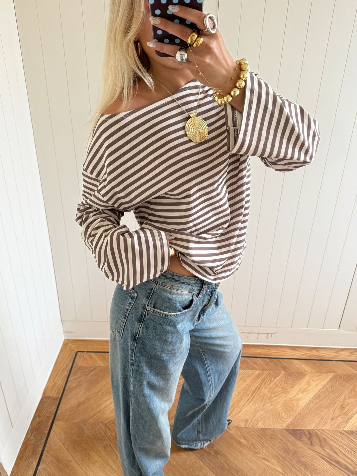 Scandivv blouse with stripes – taupe/white
