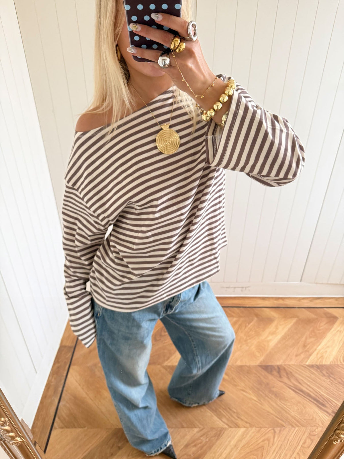 Scandivv blouse with stripes – taupe/white