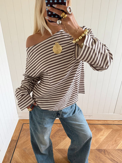 Scandivv blouse with stripes – taupe/white