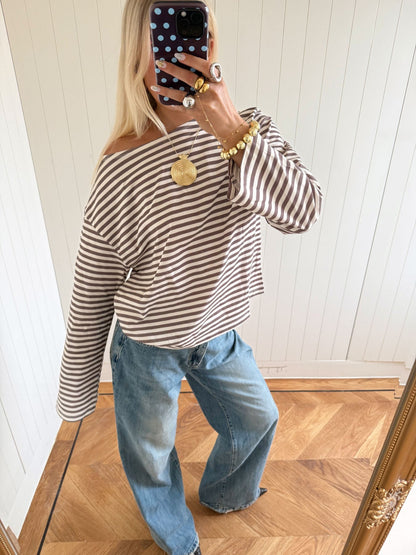 Scandivv blouse with stripes – taupe/white