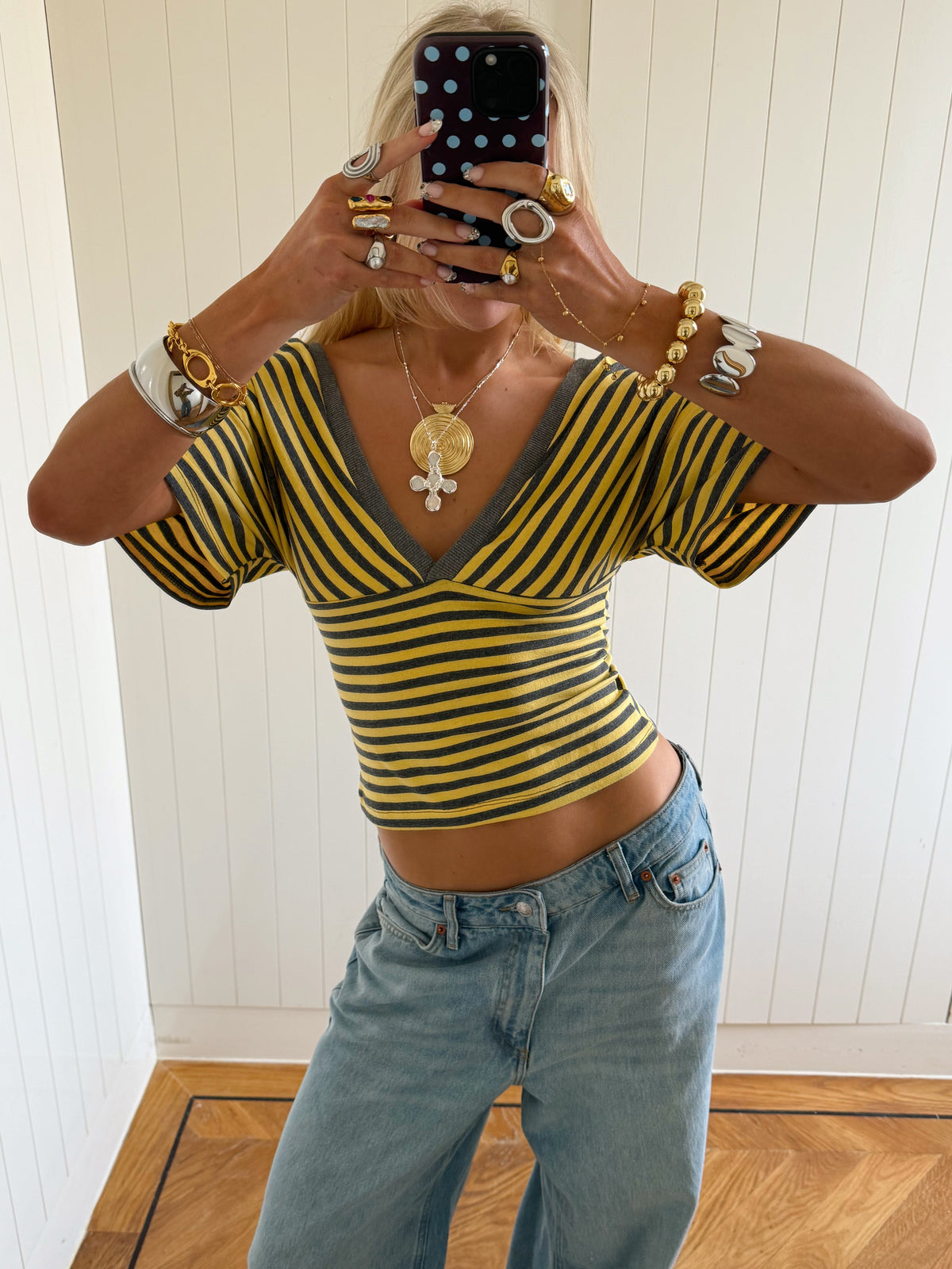 Scandivv blouse with stripes - Grey/yellow
