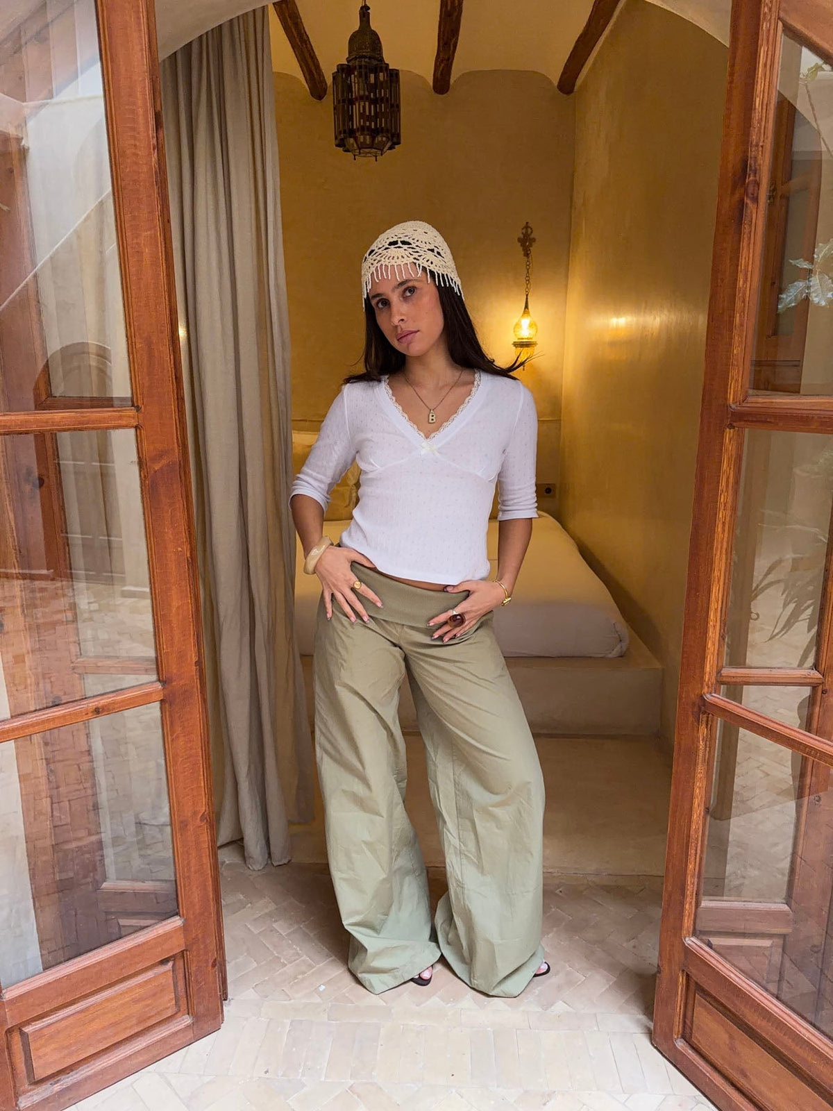 Shayla pointelle blouse with three quarter sleeves – White