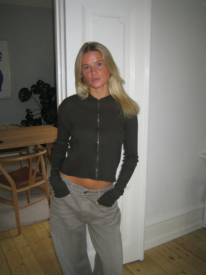 Isaline ribbed hoodie with zip - Brown