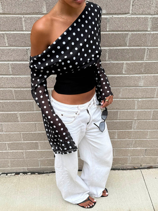 Kimmie long-sleeved blouse with polka dots – Black/white