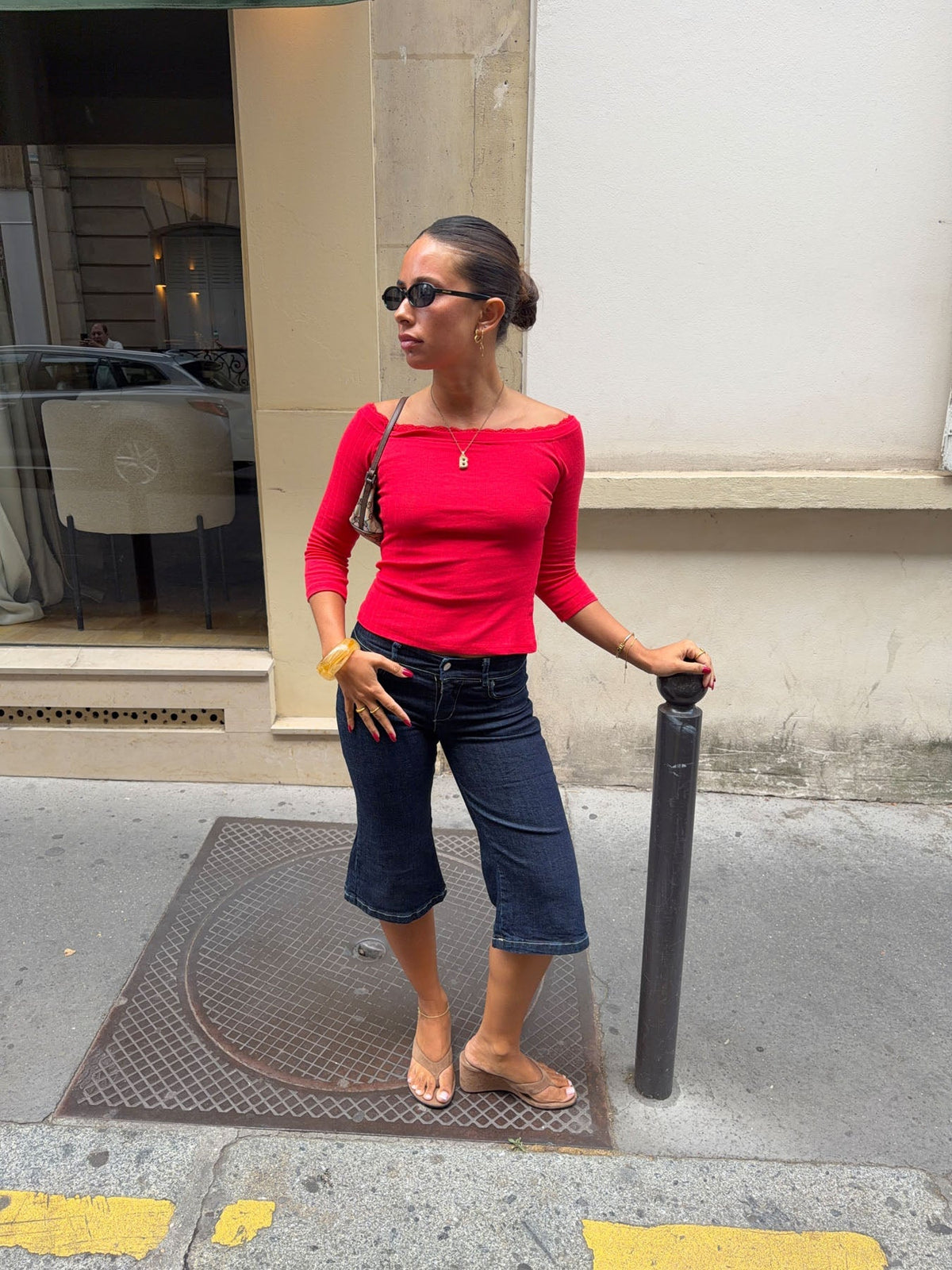 Agatha pointelle blouse with 3/4 sleeves - Red