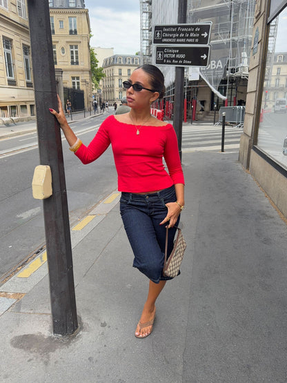 Agatha pointelle blouse with 3/4 sleeves - Red