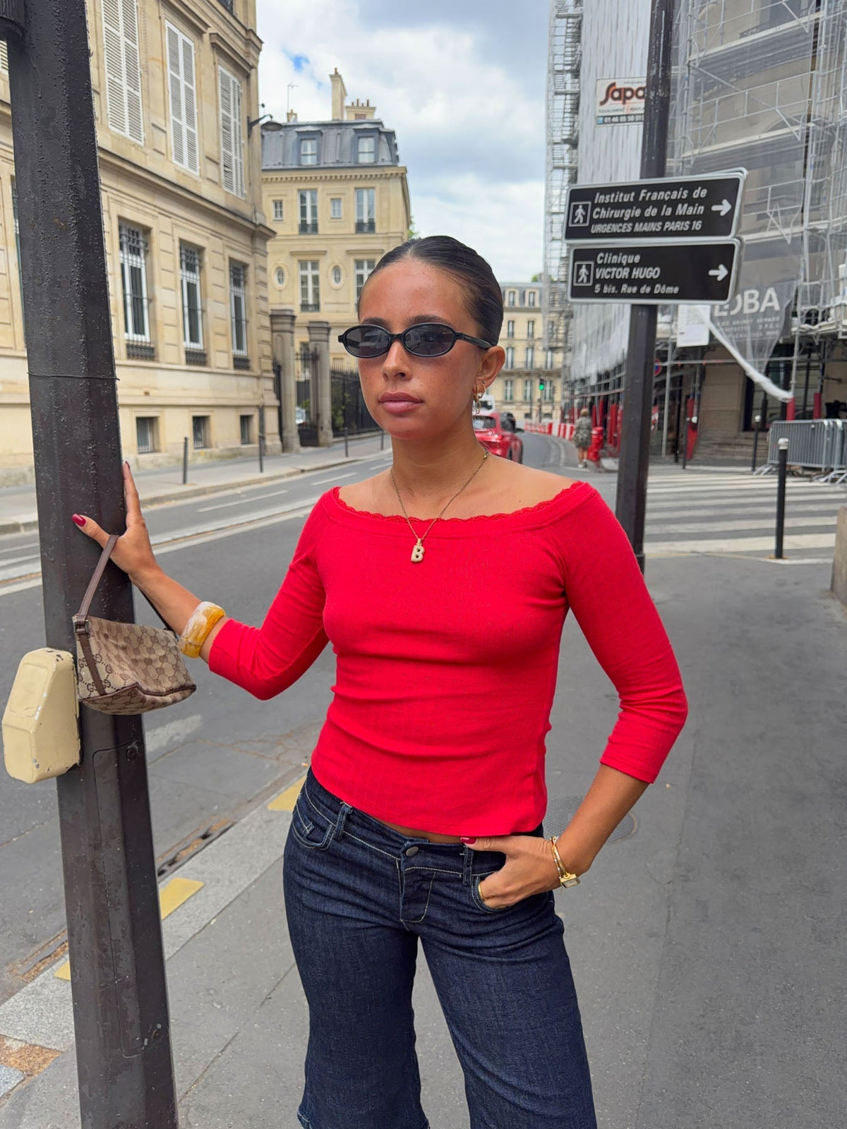 Agatha pointelle blouse with 3/4 sleeves - Red