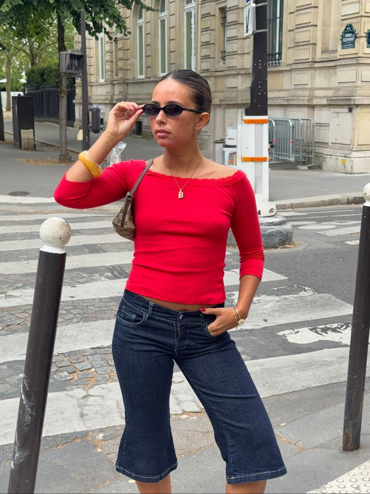 Agatha pointelle blouse with 3/4 sleeves - Red